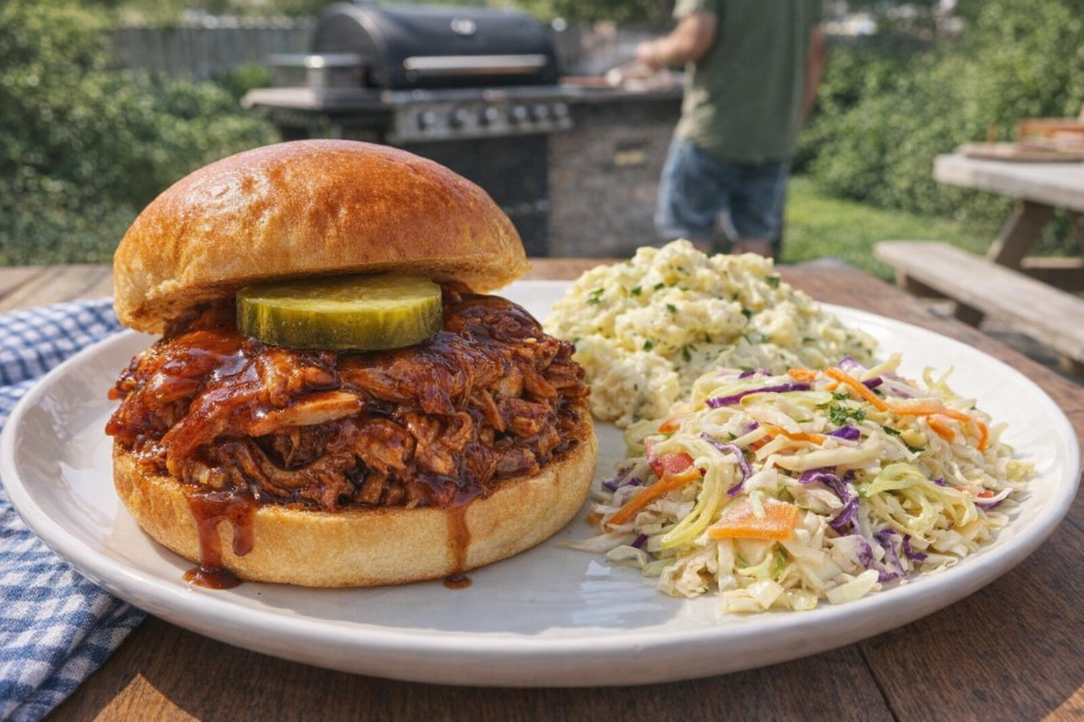 A BBQ chicken sandwich plated with a side of coleslaw and potato salad, bright daylight, backyard barbecue setting